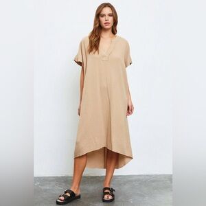 Latte Linen Short Sleeve Hi-Low Midi Tunic Dress